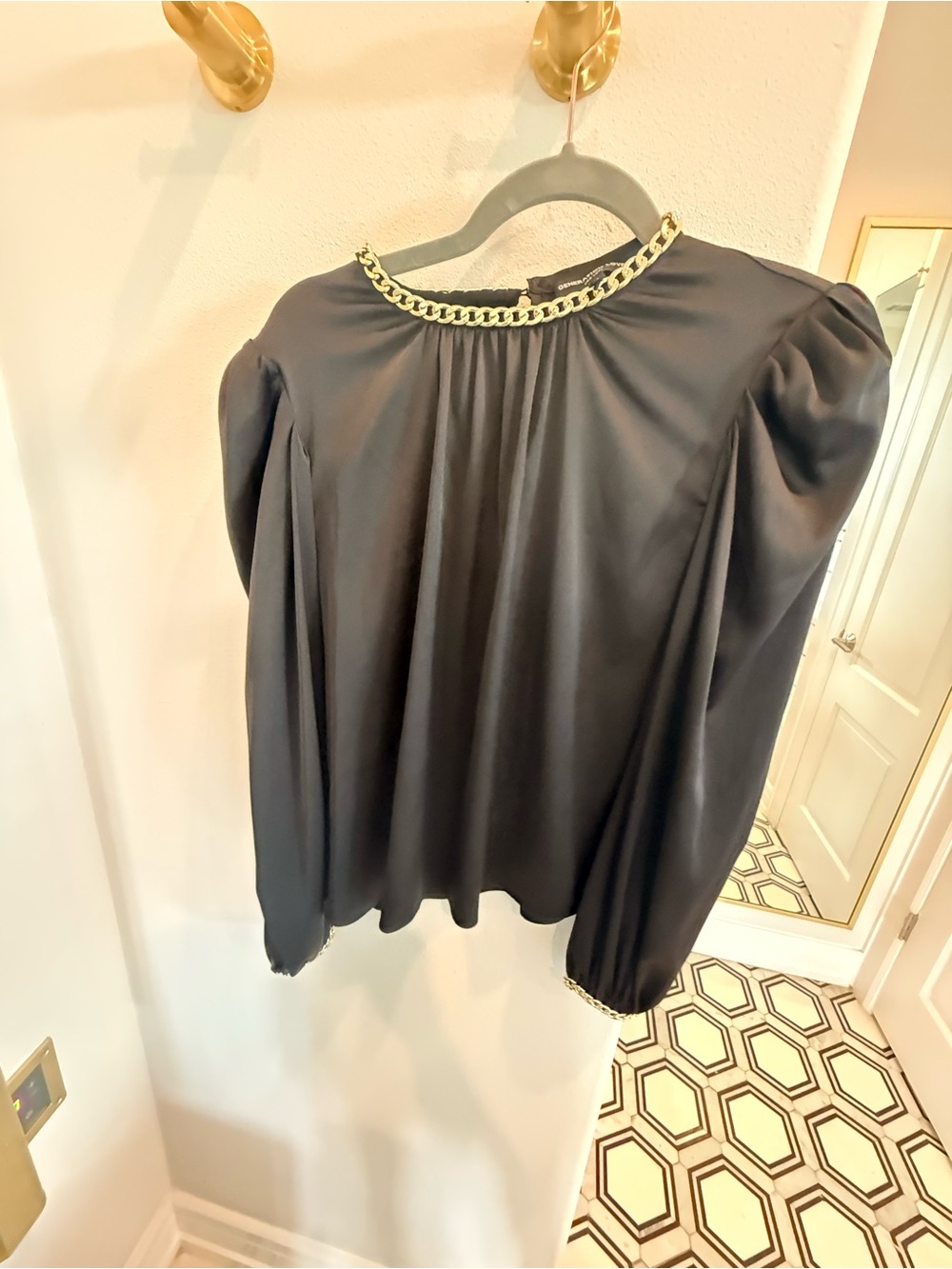 Generation Love Black Puff Sleeve Top with Gold Chain Trim